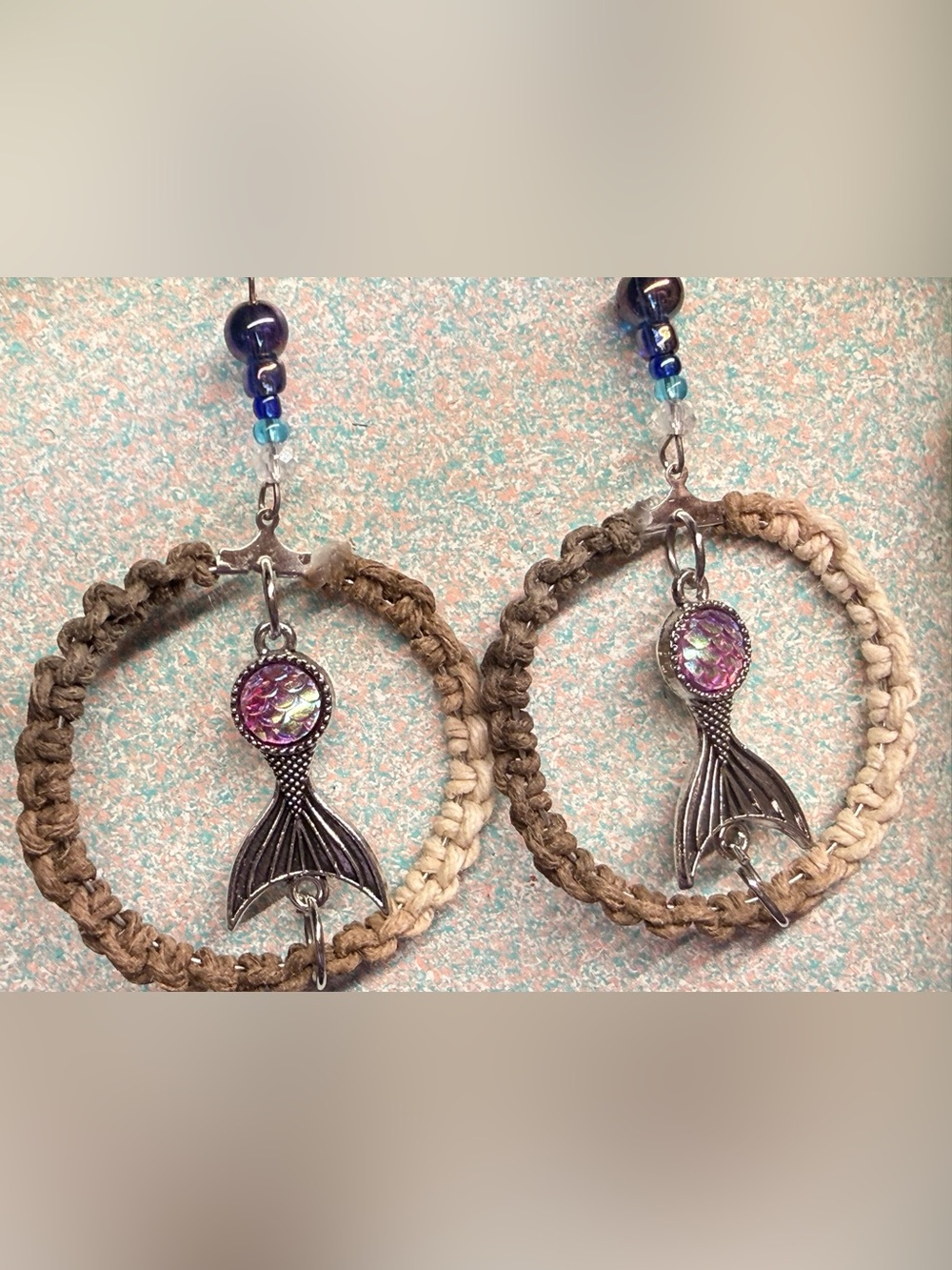 Handmade Mermaid Tail Macrame Hoop Earrings Iridescent Boho⁠